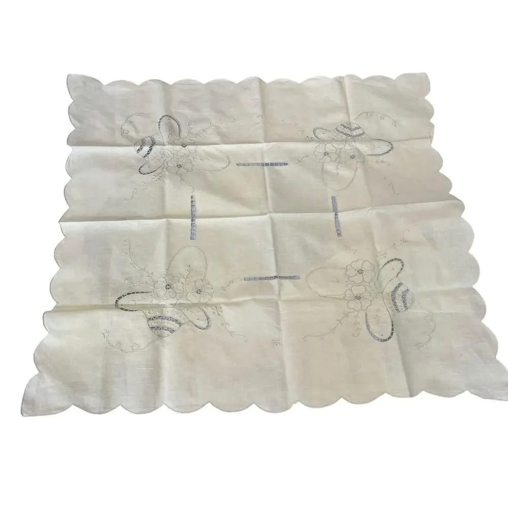 Vintage Linen Cutwork Tablecloth Pale Yellow Cream Vintage Teacloth Table Cover